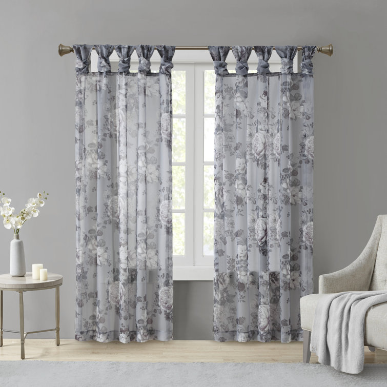 Gray Floral Twist Tab Top Sheer Polyester Curtain Panel