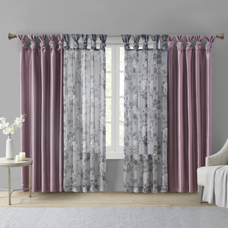 Gray Floral Twist Tab Top Sheer Polyester Curtain Panel