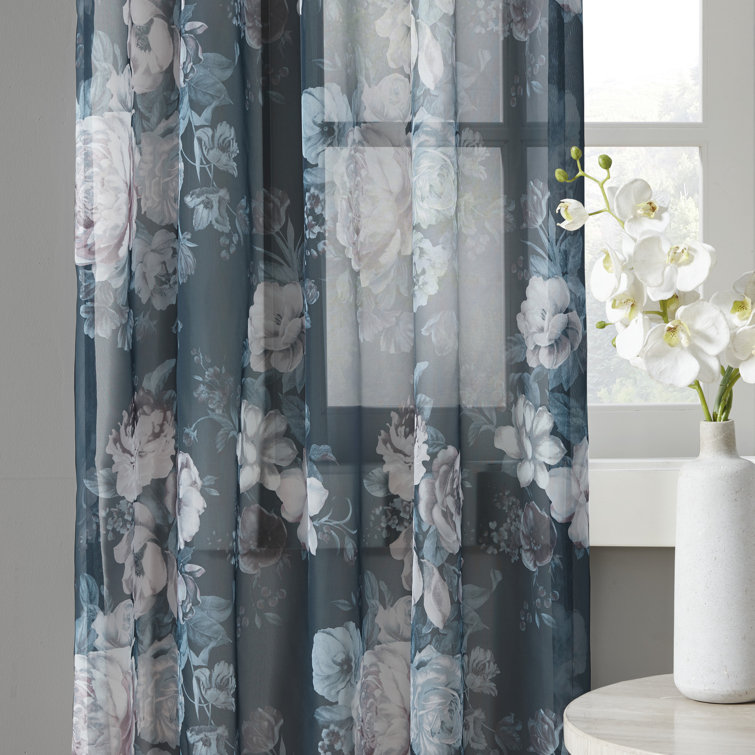Navy Floral Twist Tab Top Sheer Polyester Curtain Panel