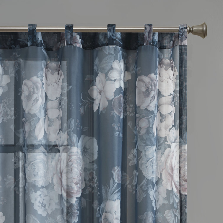 Navy Floral Sheer Rod Pocket Back Tab Curtain Panel