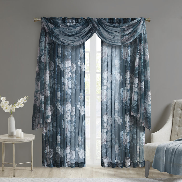 Navy Floral Sheer Rod Pocket Back Tab Curtain Panel