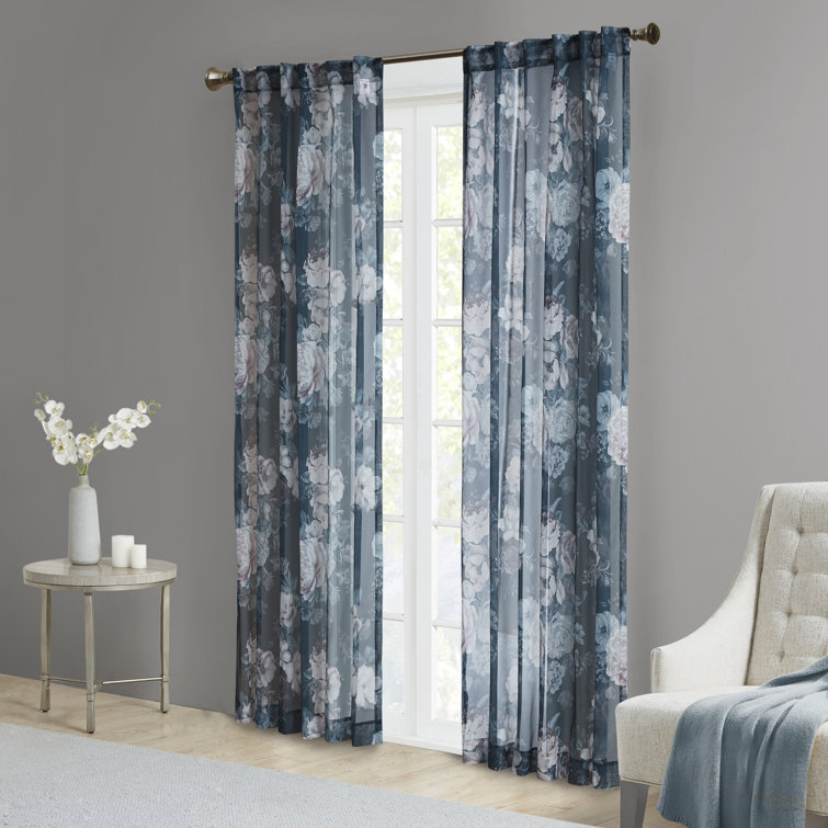 Navy Floral Sheer Rod Pocket Back Tab Curtain Panel