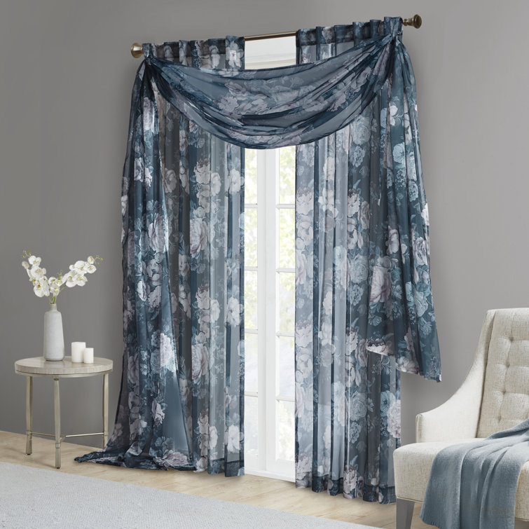 Navy Floral Sheer Rod Pocket Back Tab Curtain Panel