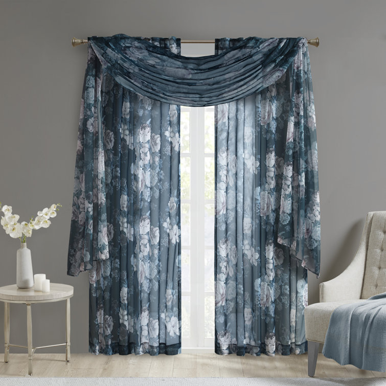 Navy Floral Sheer Rod Pocket Back Tab Curtain Panel