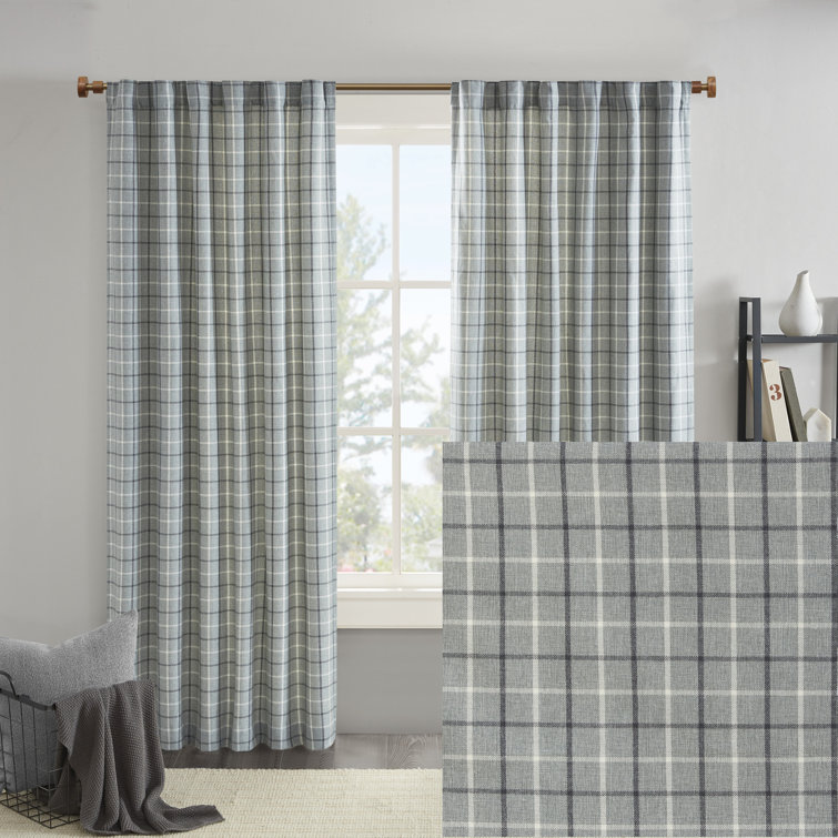 Gray Plaid Light-Filtering Polyester Curtain Panel with Fleece Lining