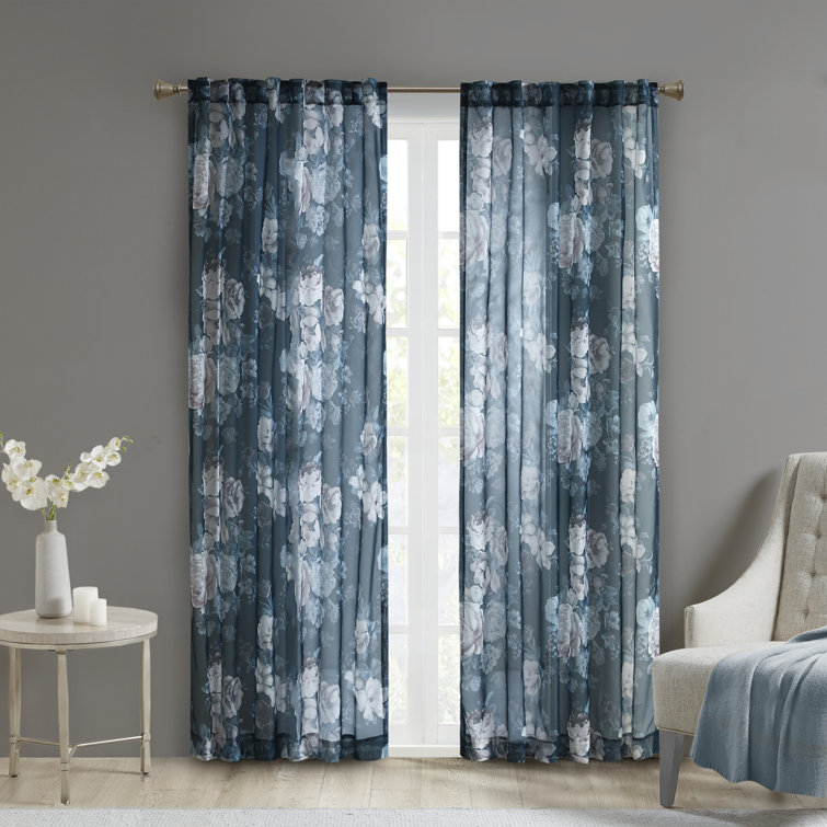 Navy Floral Sheer Rod Pocket Back Tab Curtain Panel