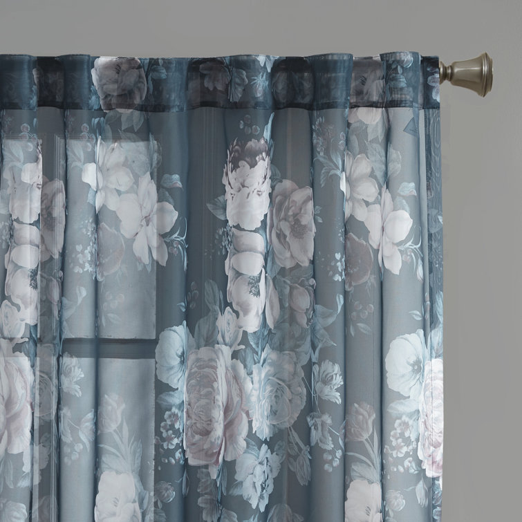 Navy Floral Sheer Rod Pocket Back Tab Curtain Panel