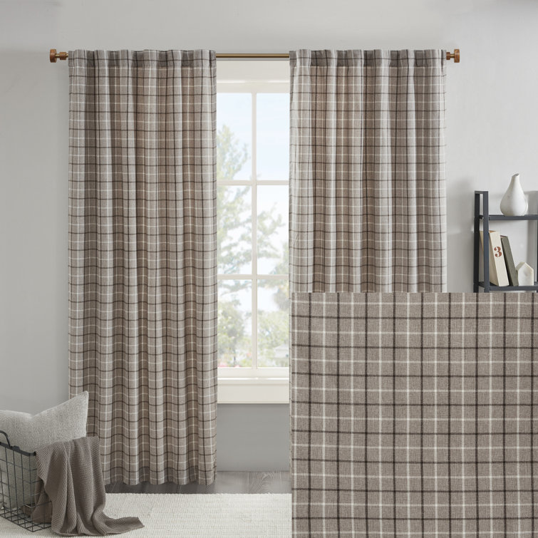 Brown Plaid Polyester Light-Filtering Curtain Panel with Fleece Lining