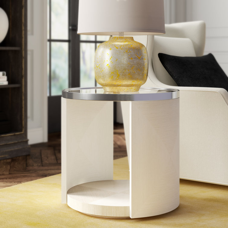 Transitional Gray and White Glass Top Metal Chairside Table