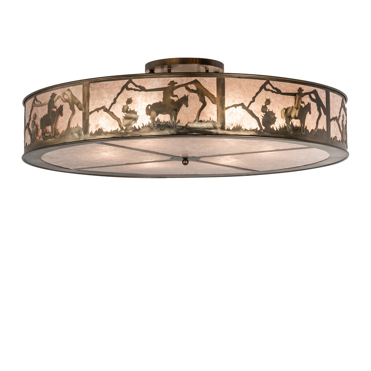 Antique Copper Cowboy 48" Silver Mica Drum Semi-Flush Mount