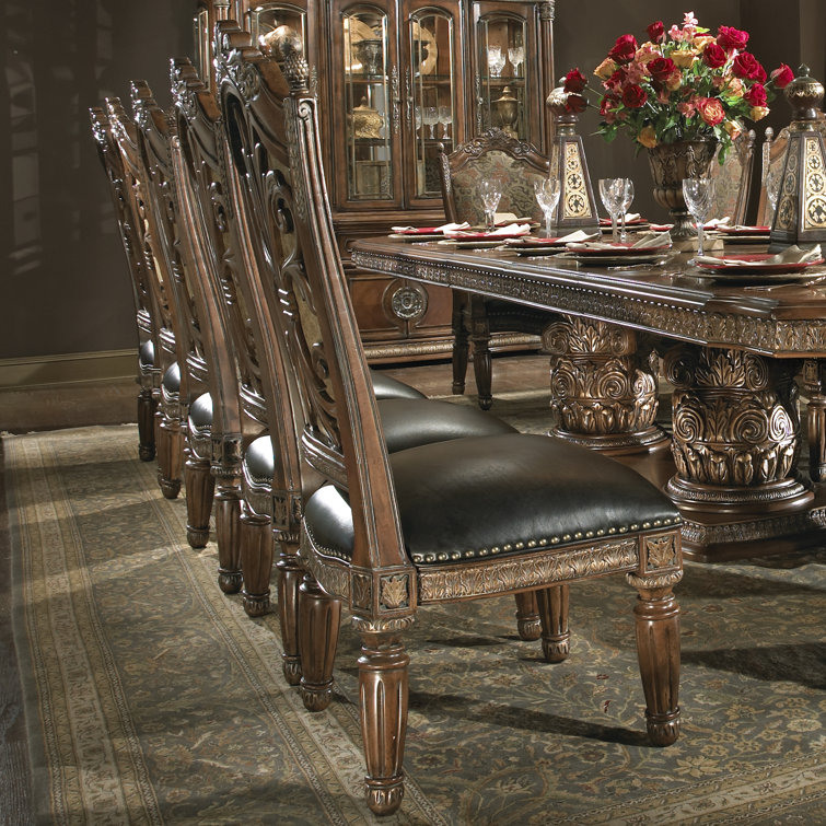 Traditional Brown Leather Upholstered Wood Side Chair