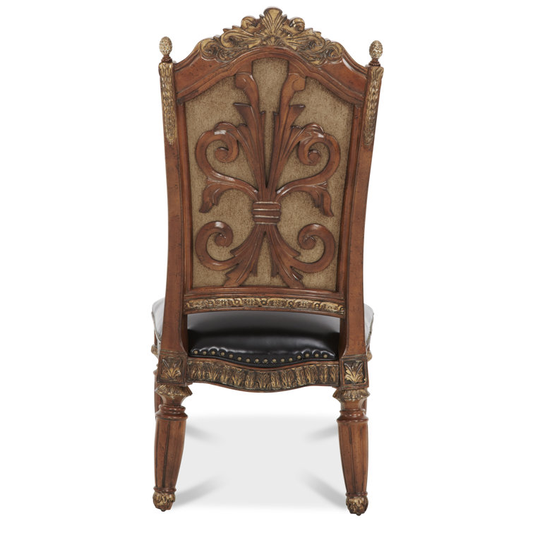 Traditional Brown Leather Upholstered Wood Side Chair
