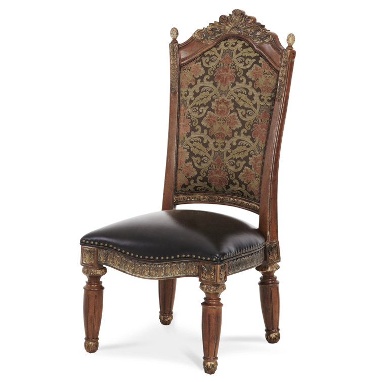 Traditional Brown Leather Upholstered Wood Side Chair