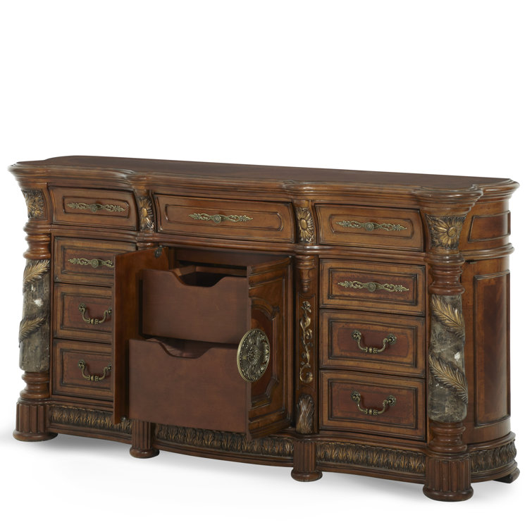 Villa Valencia Brown Traditional 75.5'' Dresser with Marble Accents