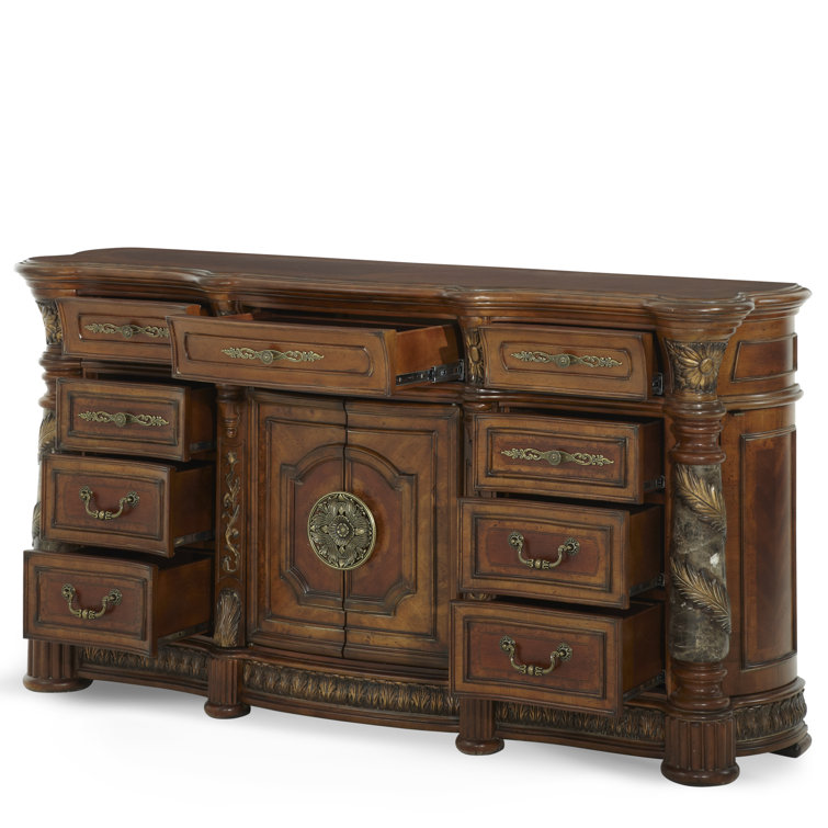 Villa Valencia Brown Traditional 75.5'' Dresser with Marble Accents