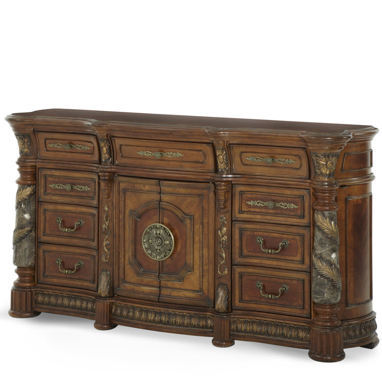 Villa Valencia Brown Traditional 75.5'' Dresser with Marble Accents