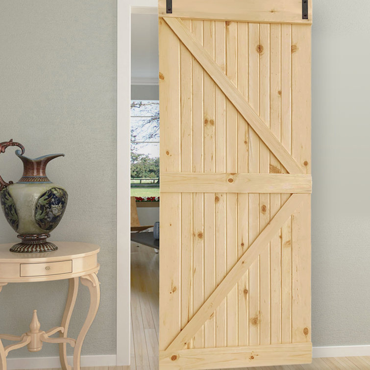 84" Unfinished Knotty Pine Interior Barn Door with K-Bar Design