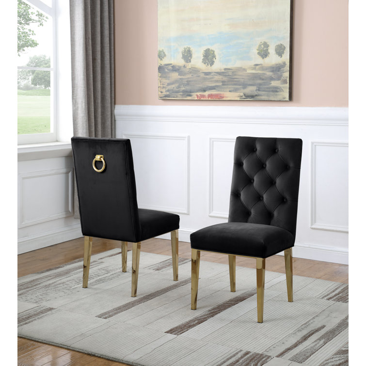 Black Velvet Tufted Side Chair with Gold Metal Legs