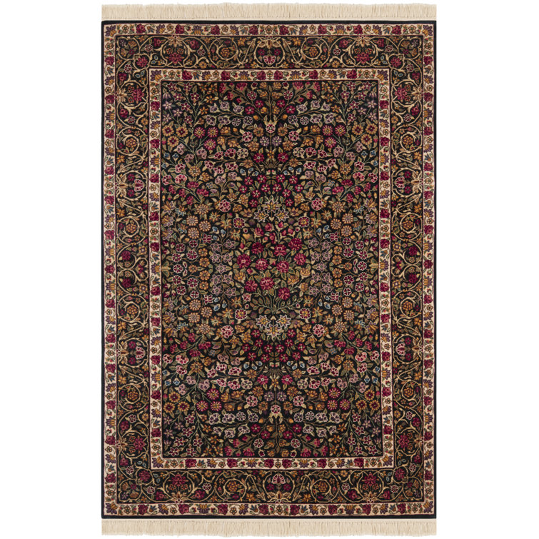 Handmade Ivory and Black Floral Wool Area Rug, 6' x 9'
