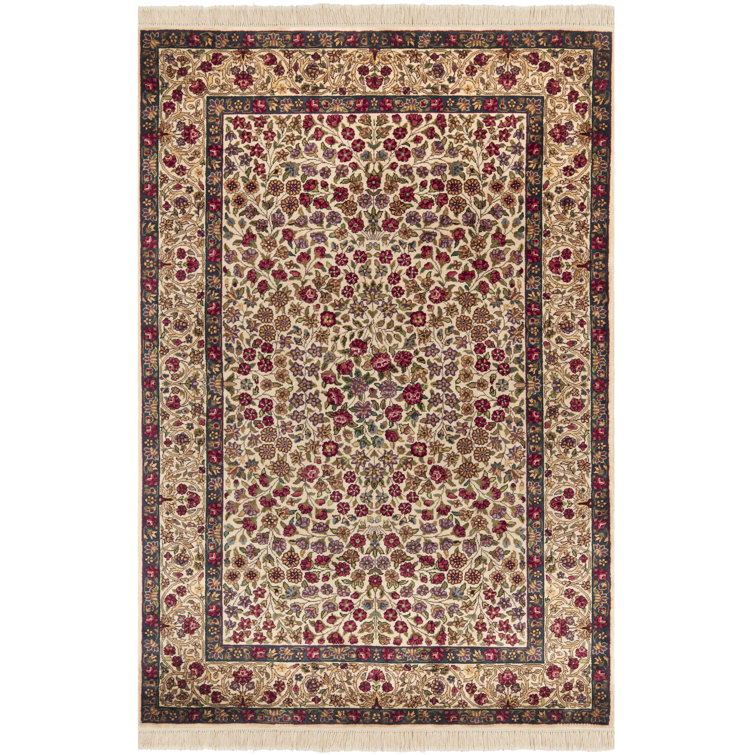 Ivory Hand-Knotted Wool and Cotton Floral Area Rug