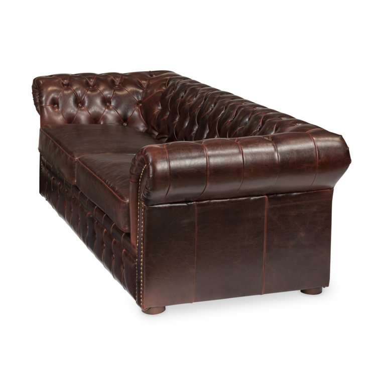 Brown Leather Tufted Chesterfield Sofa with Rolled Arms