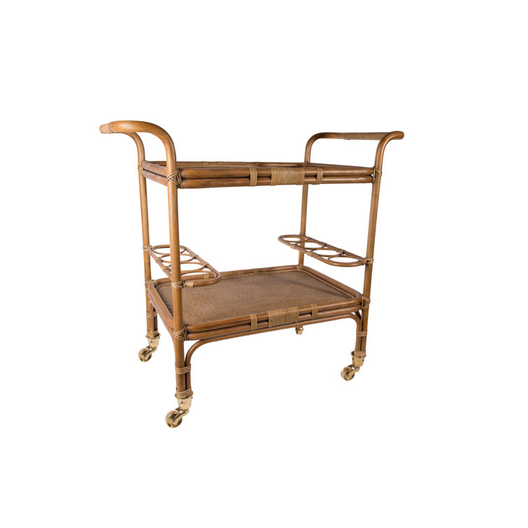 Antique Rattan Bar Cart with Wine Rack and Storage