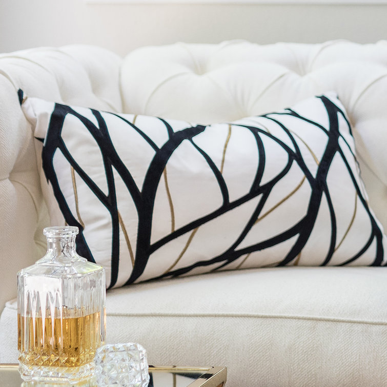 Ivory and Black Embroidered Silk Rectangular Throw Pillow
