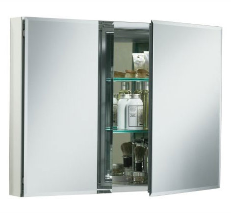 Aluminum Two-Door Medicine Cabinet with Beveled Mirrored Doors
