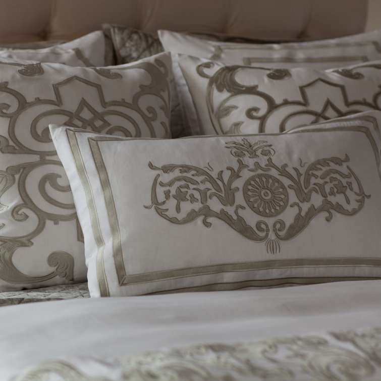 Ice Silver and White Linen Appliqued Square Throw Pillow