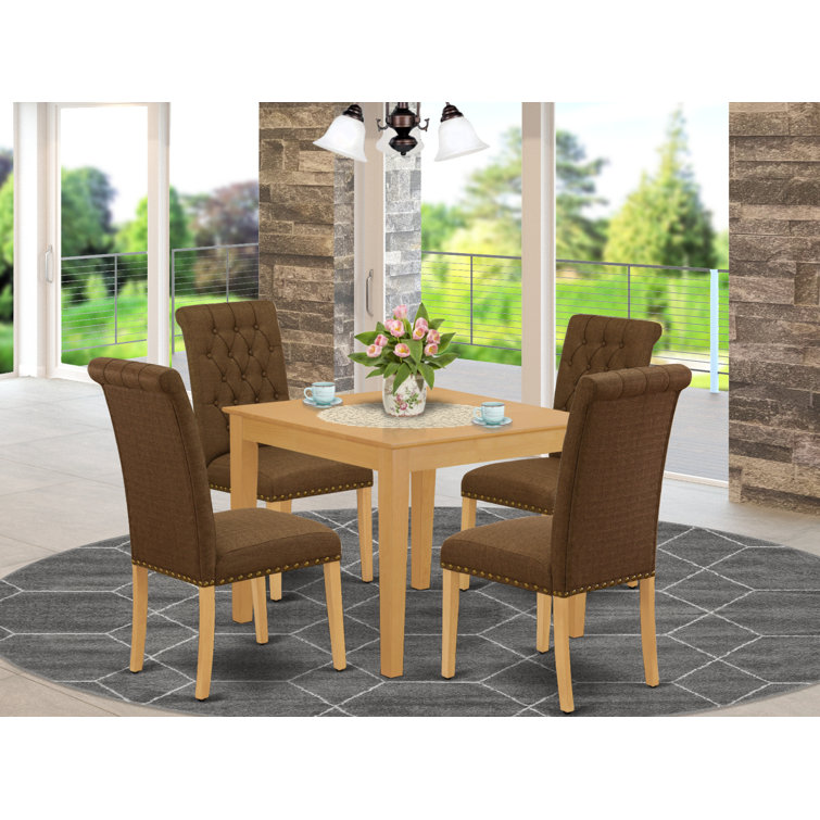 Oak Finish 5-Piece Dining Set with Dark Coffee Linen Chairs