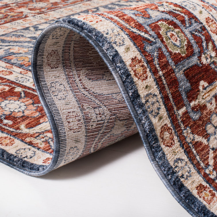 Navy and Red Hand-Knotted Square Synthetic Rug