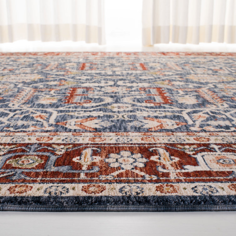 Navy and Red Hand-Knotted Square Synthetic Rug