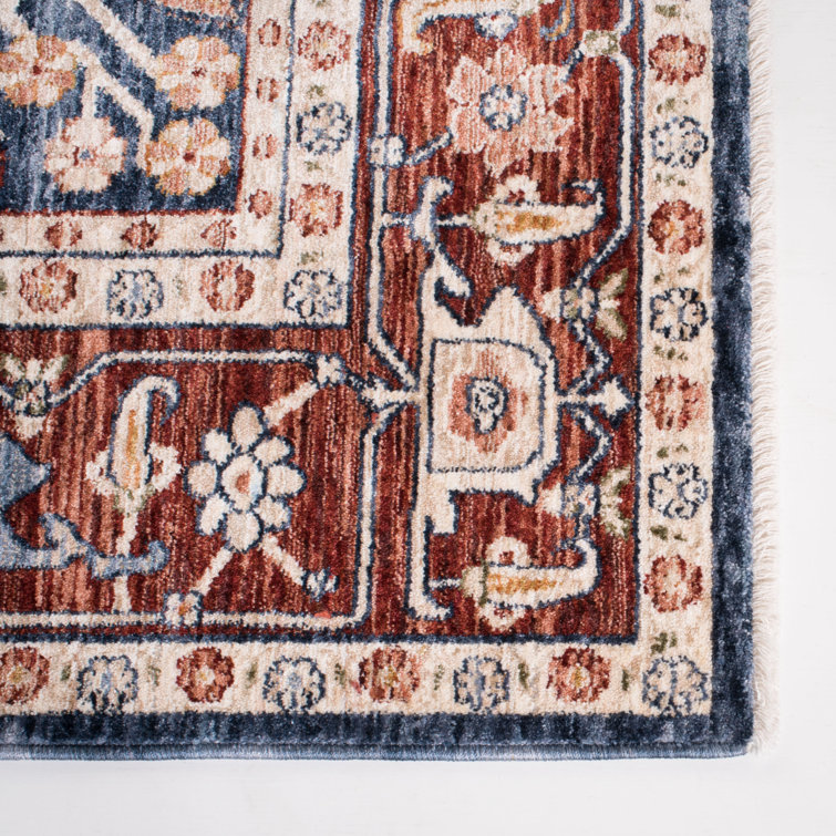 Navy and Red Hand-Knotted Square Synthetic Rug