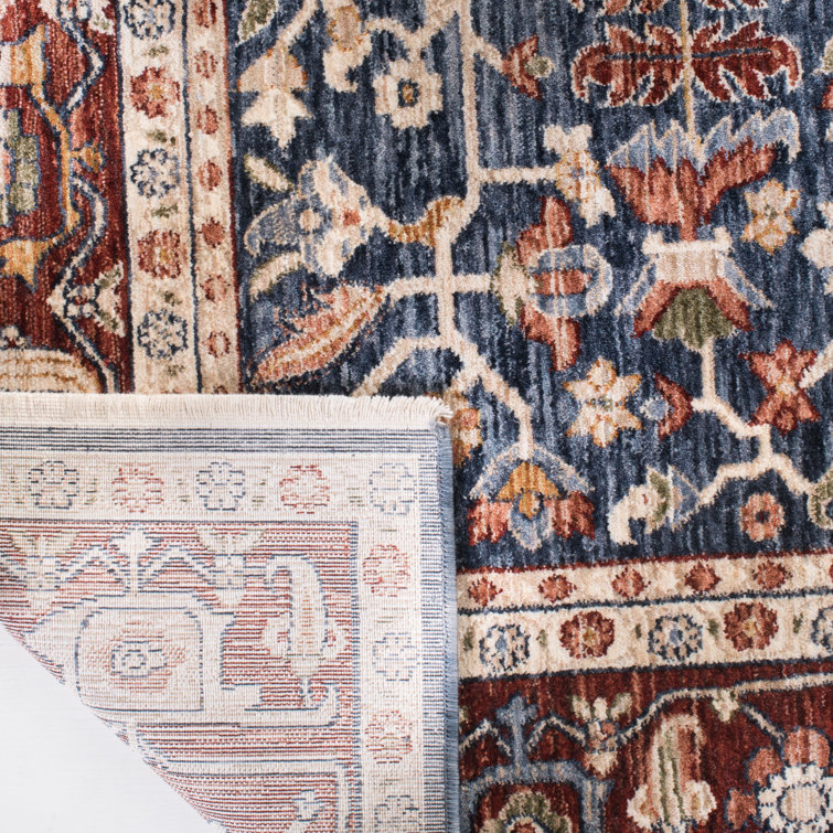 Navy and Red Hand-Knotted Square Synthetic Rug