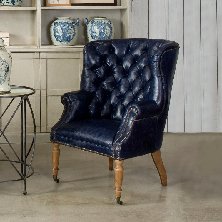 Transitional Chateau Blue Genuine Leather Wingback Chair