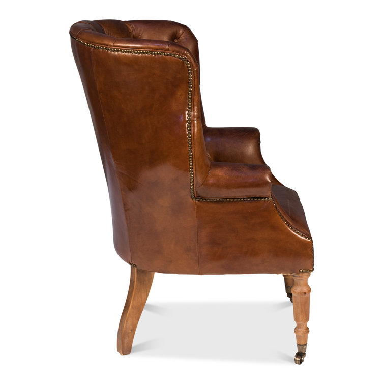 Vintage Cigar Brown Leather Tufted Arm Chair with Wood Legs