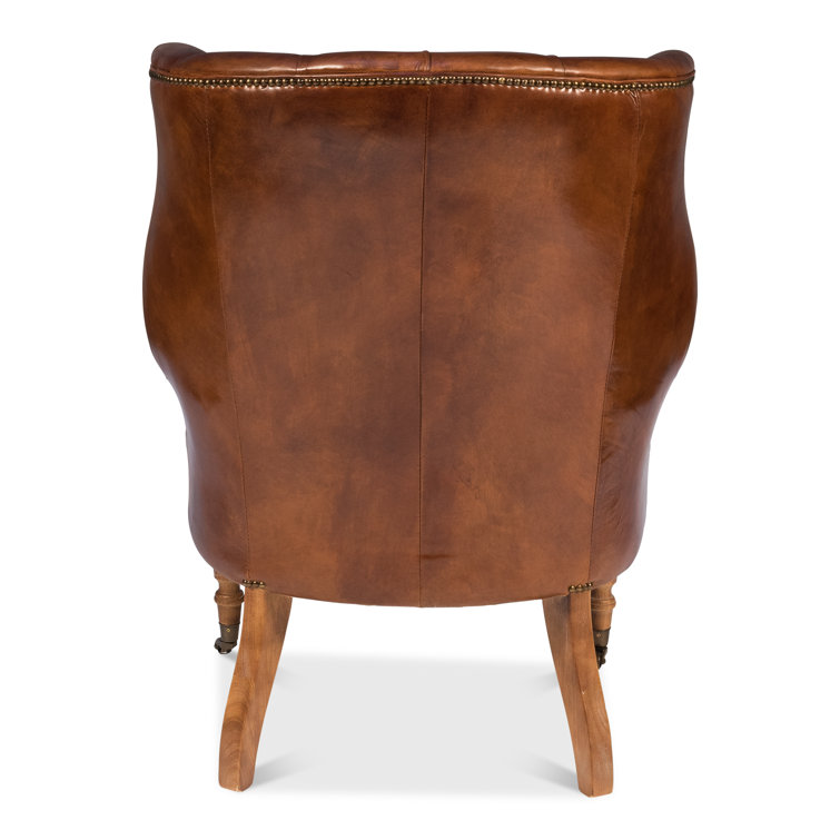 Vintage Cigar Brown Leather Tufted Arm Chair with Wood Legs