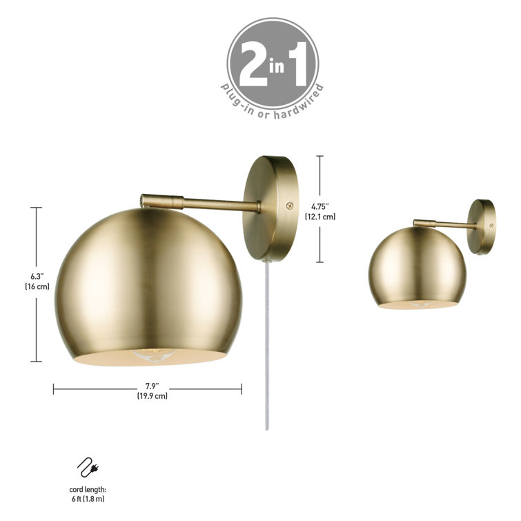 Matte Brass Plug-In Wall Sconce with Round Shade