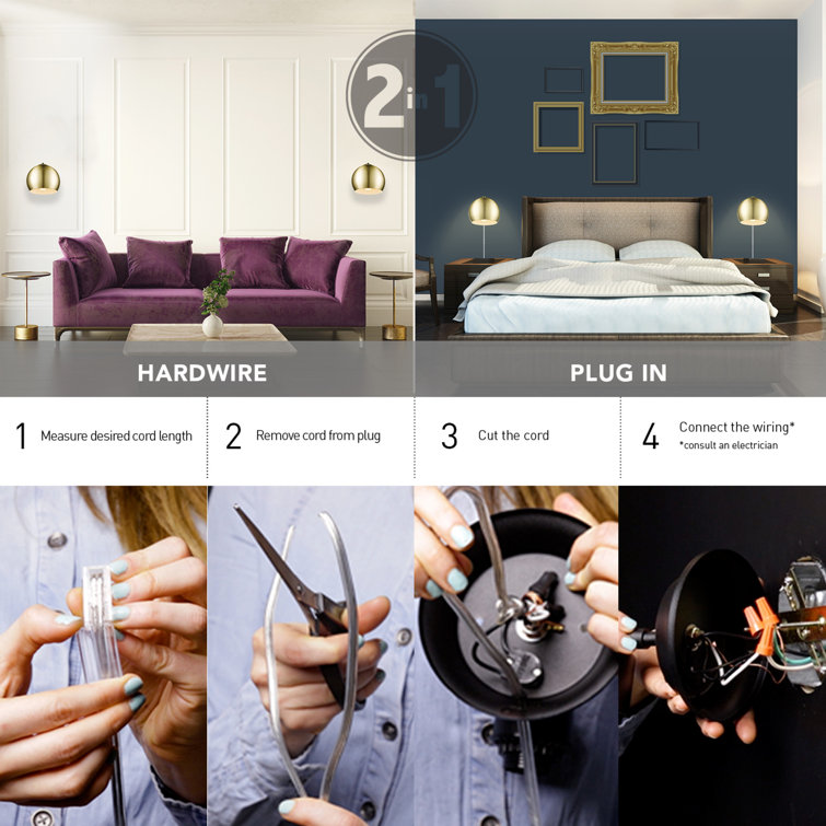 Matte Brass Plug-In Wall Sconce with Round Shade