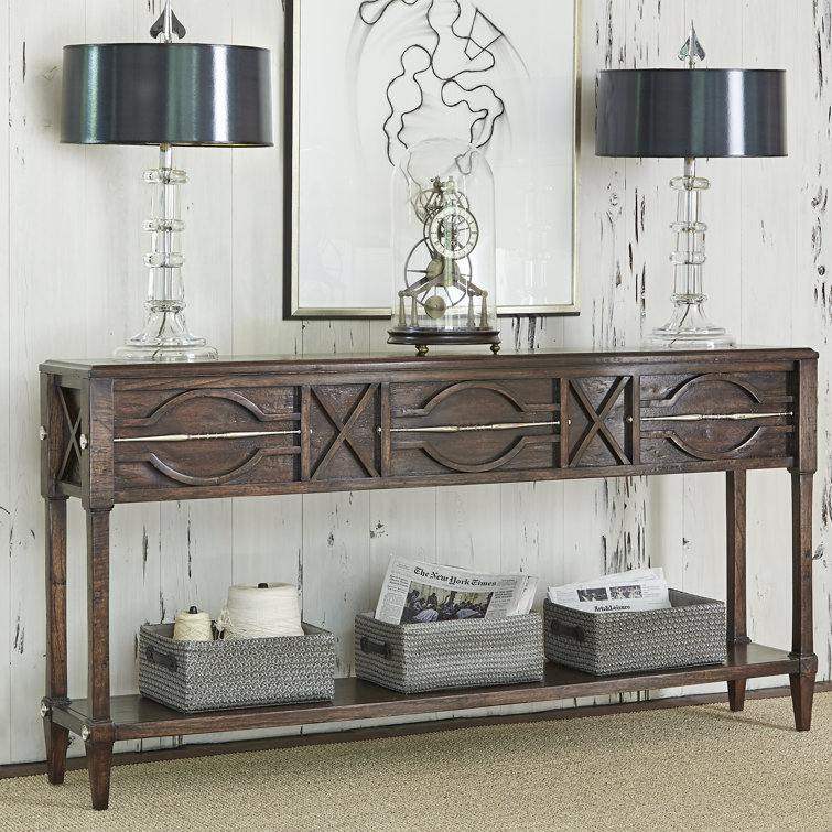 Walnut and Brass Spindle Console Table with Shelf