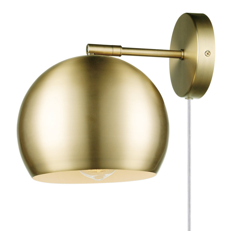Matte Brass Plug-In Wall Sconce with Round Shade