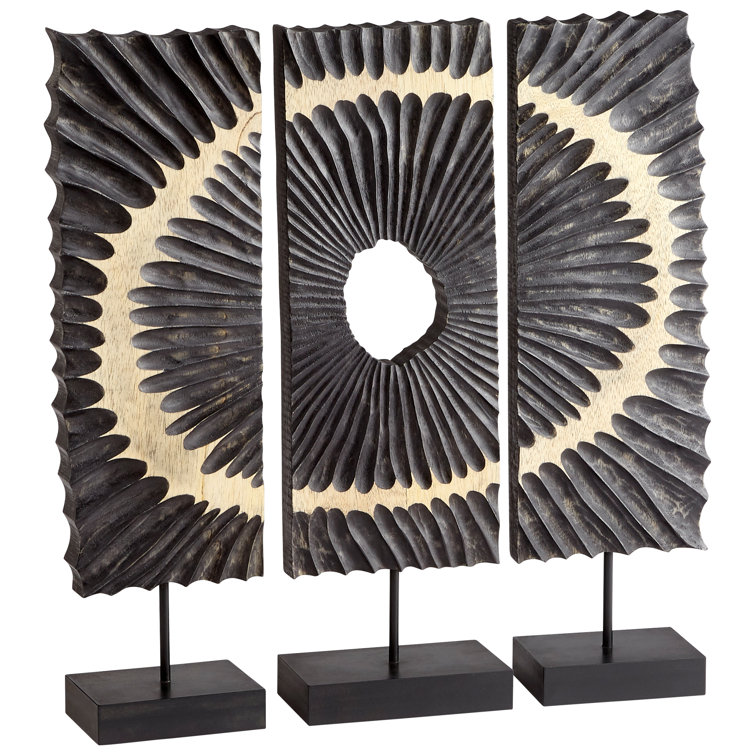 Black and Natural Wood Abstract Ruffle Sculpture Set