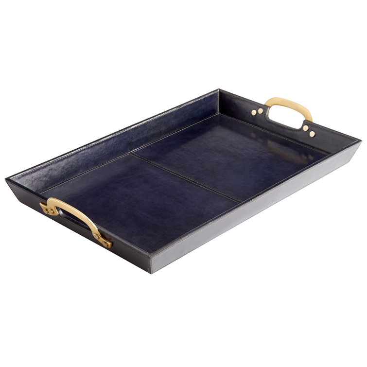Blue and Gold Leather Decorative Tray with Brass Handles