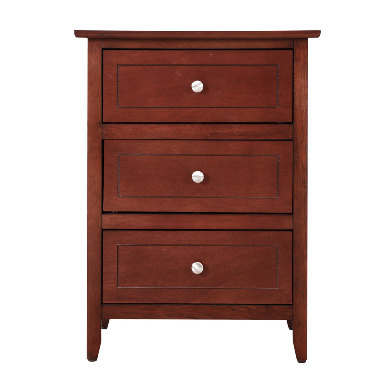 Cherry Wood 3-Drawer Nightstand with Nickel Hardware