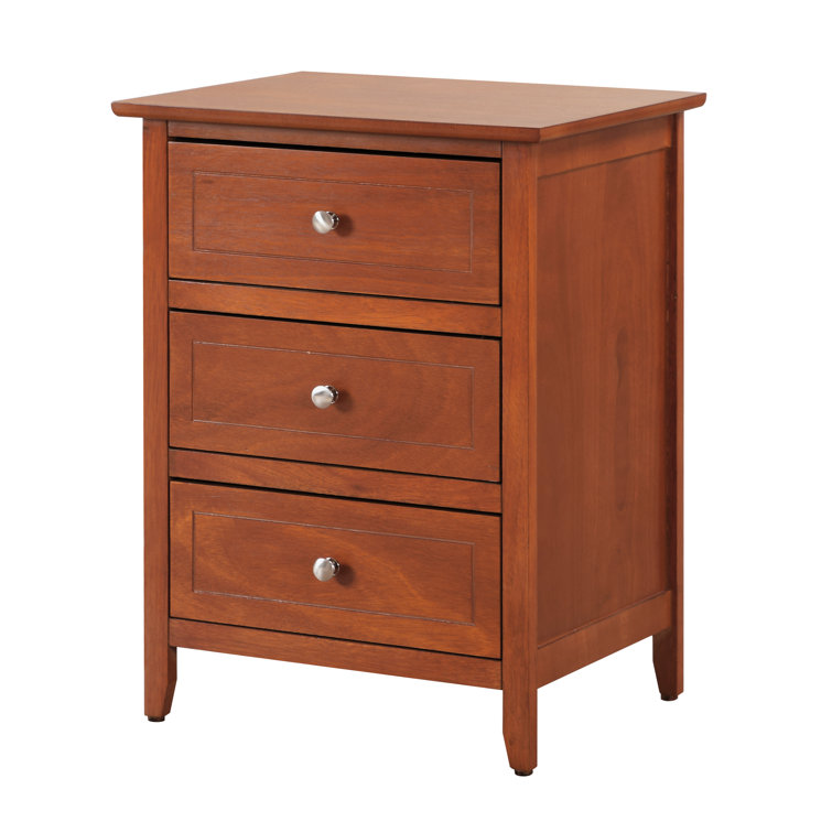 Oak 3-Drawer Wooden Nightstand with Nickel Hardware