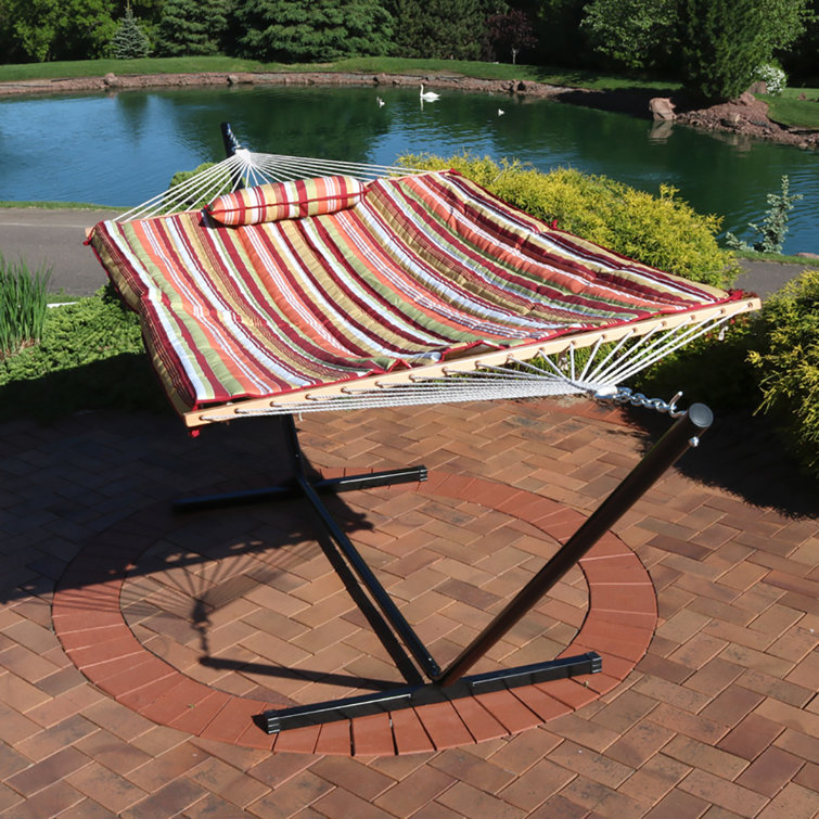 Tropical Orange Cotton Rope Hammock with Steel Stand and Quilted Pad