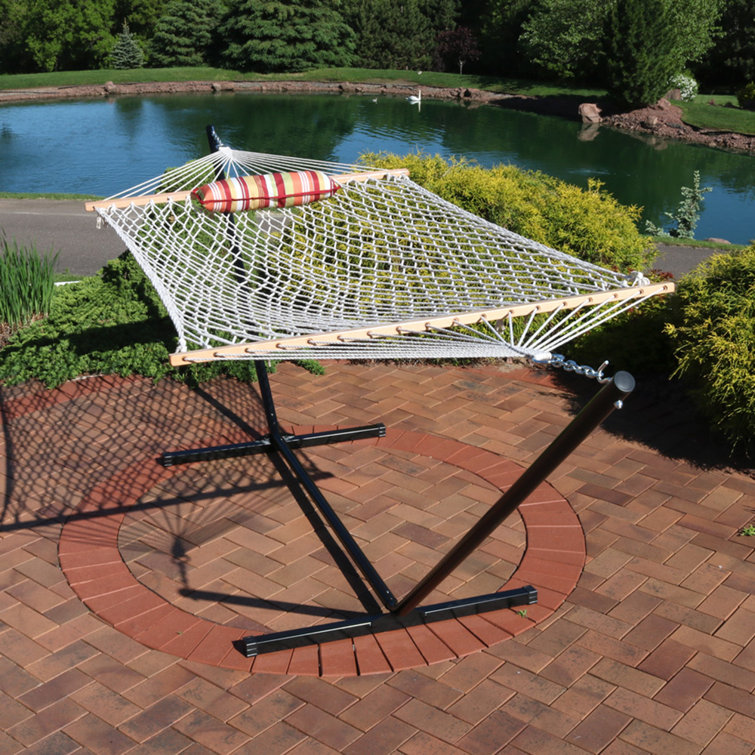 Tropical Orange Cotton Rope Hammock with Steel Stand and Quilted Pad