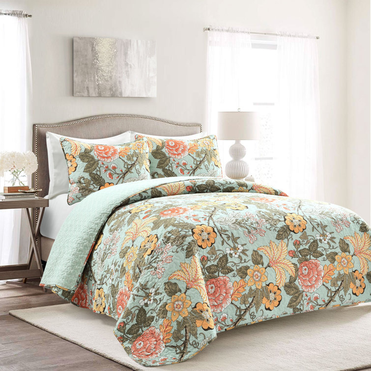 King Blue Green Cotton Reversible Floral Quilt Set