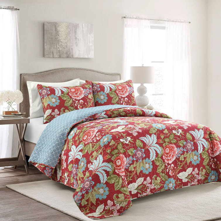 King Blue Green Cotton Reversible Floral Quilt Set