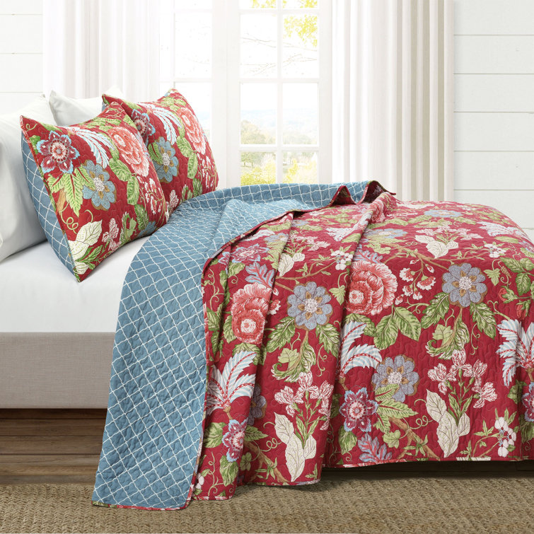 King Blue Green Cotton Reversible Floral Quilt Set